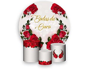 Painel de Festa 3d + Trio Capa Cilindro - Casamento Bodas de Ouro Rosas Vermelhas