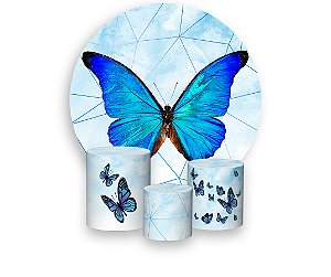 Painel de Festa 3d + Trio Capa Cilindro - Borboleta Azul Ceu Aquarela