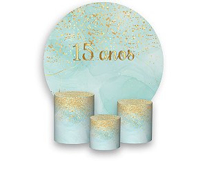 Painel de Festa 3d + Trio Capa Cilindro - Efeito Glitter Dourado e Marmore Tiffany 15 Anos