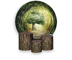 Painel de Festa 3d + Trio Capa Cilindro - Floresta Bosque com Cogumelos