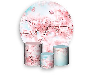 Painel de Festa 3d + Trio Capa Cilindro - Flor Sakura Cerejeira Realista