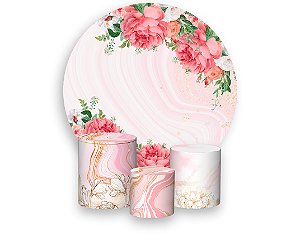 Painel de Festa 3d + Trio Capa Cilindro - Efeito Mármore Floral e Dourado