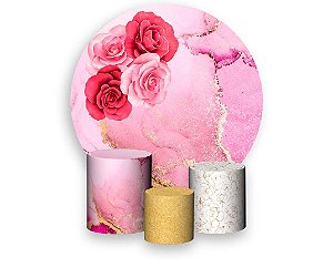 Painel de Festa 3d + Trio Capa Cilindro - Efeito Marmorizado Rosa com Flores Douradas