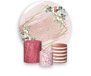 Painel de Festa 3d + Trio Capa Cilindro - Geometrico Floral Rose efeito Glitter