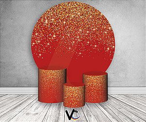 Painel de Festa 3d + Trio Capa Cilindro - Vermelho Efeito Glitter Dourado