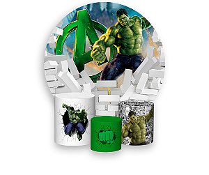 Painel de Festa 3d + Trio Capa Cilindro - Hulk Efeito Quebrando Muro Branco Logo Vingadores
