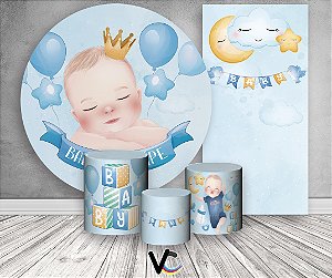 Painel de Festa 3d + Trio Capa Cilindro + Faixa Veste Fácil - Chá de Bebê Menino Azul Clarinho