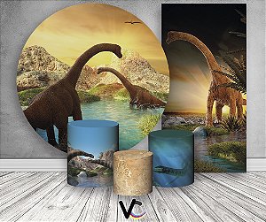 Painel de Festa 3d + Trio Capa Cilindro + Faixa Veste Fácil - Dinossauro Lago e Montanhas