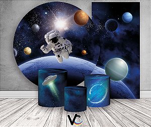 Painel de Festa 3d + Trio Capa Cilindro + Faixa Veste Fácil - Astronauta Galáxia Planetas