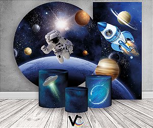 Painel de Festa 3d + Trio Capa Cilindro + Faixa Veste Fácil - Astronauta Galáxia e Planetas
