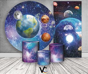 Painel de Festa 3d + Trio Capa Cilindro + Faixa Veste Fácil - Galáxia Planetas