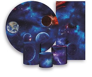 Painel de Festa 3d + Trio Capa Cilindro + Faixa Veste Fácil - Galáxia Azul Planetas