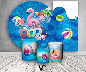 Painel de Festa 3d + Trio Capa Cilindro + Faixa Veste Fácil - Pool Party Flamingo