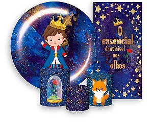 Painel de Festa 3d + Trio Capa Cilindro + Faixa Veste Fácil - Pequeno Príncipe Azul Marinho com Estrelas Moreno