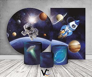 Painel De Festa Redondo + Vertical 3D + Trio Capa Cilindro - Astronauta Galáxia Planetas