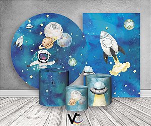 Painel De Festa Redondo + Vertical 3D + Trio Capa Cilindro - Astronauta Galáxia Aquarela