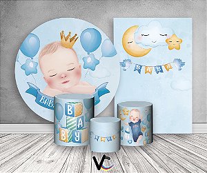 Painel De Festa Redondo + Vertical 3D + Trio Capa Cilindro - Chá de Bebê Menino Azul Clarinho