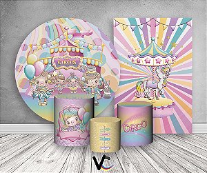 Painel De Festa Redondo + Vertical 3D + Trio Capa Cilindro - Circo Rosa Candy Color