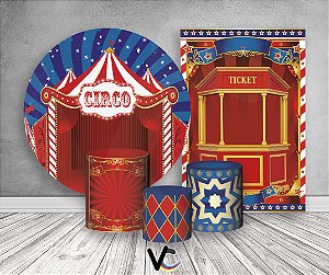 Painel De Festa Redondo + Vertical 3D + Trio Capa Cilindro - Circo Clássico Shutter Azul e Vermelho