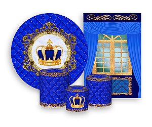 Painel De Festa Redondo + Vertical 3D + Trio Capa Cilindro - Capitone Coroa Realeza Azul Royal Maior