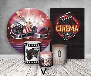 Painel De Festa Redondo + Vertical 3D + Trio Capa Cilindro - Sala de Cinema Pipoca Claquete