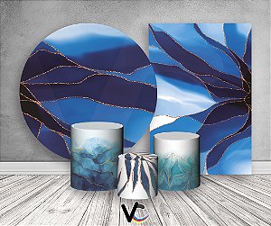Painel De Festa Redondo + Vertical 3D + Trio Capa Cilindro - Efeito Marmore Azul