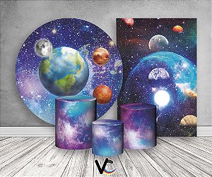 Painel De Festa Redondo + Vertical 3D + Trio Capa Cilindro - Galáxia Planetas 2