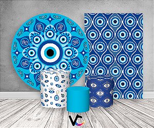 Painel De Festa Redondo + Vertical 3D + Trio Capa Cilindro - Olho Grego Azul