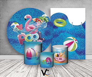 Painel De Festa Redondo + Vertical 3D + Trio Capa Cilindro - Pool Party Piscina Flamingo