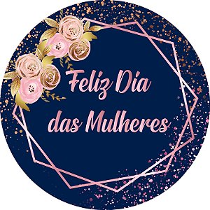 Painel de Festa em Tecido - Dia Das Mulheres Geometrico Flores Gold com Glitter Rose_fundo Azul Marinho