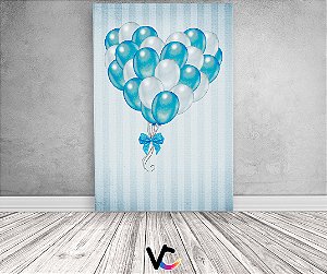 Painel De Festa 3d Vertical 1,50x2,20 - Balões Azul Claro Silhueta Coração