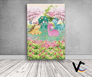 Painel De Festa 3d Vertical 1,50x2,20 - Dinossauros com Coroas e Flores Aquarela Cute