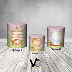 Trio De Capas De Cilindro 3d - Safari Cute Aquarela Rosa