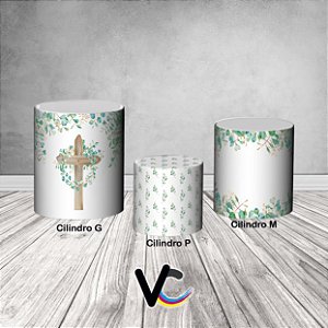 Trio De Capas De Cilindro 3d - Batizado Espírito Santo Com Folhagens Verde Aquarela