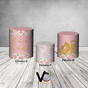 Trio De Capas De Cilindro 3d - Chá de Cozinha Floral Rosa Rendado