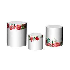 Trio De Capas De Cilindro 3d - Flores Vermelhas e Dourado