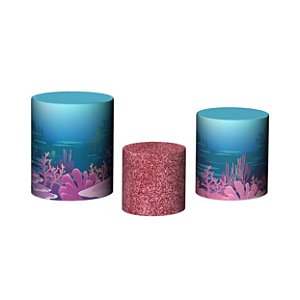 Trio De Capas De Cilindro 3d - Sereia fundo do Mar Silhueta Glitter Rosa