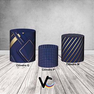 Trio De Capas De Cilindro 3d - Azul Geometrico Quadrados Dourados