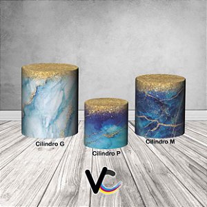 Trio De Capas De Cilindro 3d - Efeito Marmore Azul Com Dourado