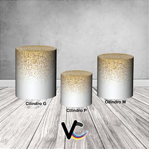 Trio De Capas De Cilindro 3d - Efeito Glitter Geométrico Dourado e Branco