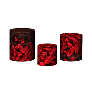Trio De Capas De Cilindro 3d - Pétalas Vermelhas Flores Madeira