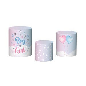 Trio De Capas De Cilindro 3d - Cha Revelação Girl or Boy fundo Cute com Arco Iris e Balões