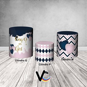 Trio De Capas De Cilindro 3d - Revelação Boy or Girl Manchas Tinta Rosa e Azul Marinho Dourado