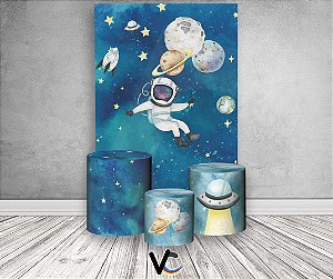 Painel De Festa Vertical + Trio De Capas Cilindro - Astronauta Galáxia Aquarela 2