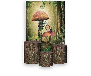 Painel De Festa Vertical + Trio De Capas Cilindro - Floresta Bosque com Cogumelos
