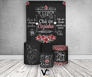 Painel De Festa Vertical + Trio De Capas Cilindro - Chá de Cozinha ChalkBoard