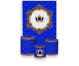 Painel De Festa Vertical + Trio De Capas Cilindro - Capitone Coroa Realeza Azul com coroa