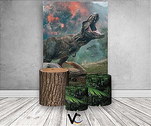 Painel De Festa Vertical + Trio De Capas Cilindro - Jurassic World Dinossauro Rex Realista