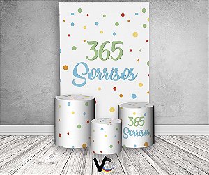 Painel De Festa Vertical + Trio De Capas Cilindro - 365 Sorrisos Bolinhas Coloridas Cute