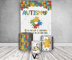 Painel De Festa Vertical + Trio De Capas Cilindro - Autismo Quebra Cabeça Colorido